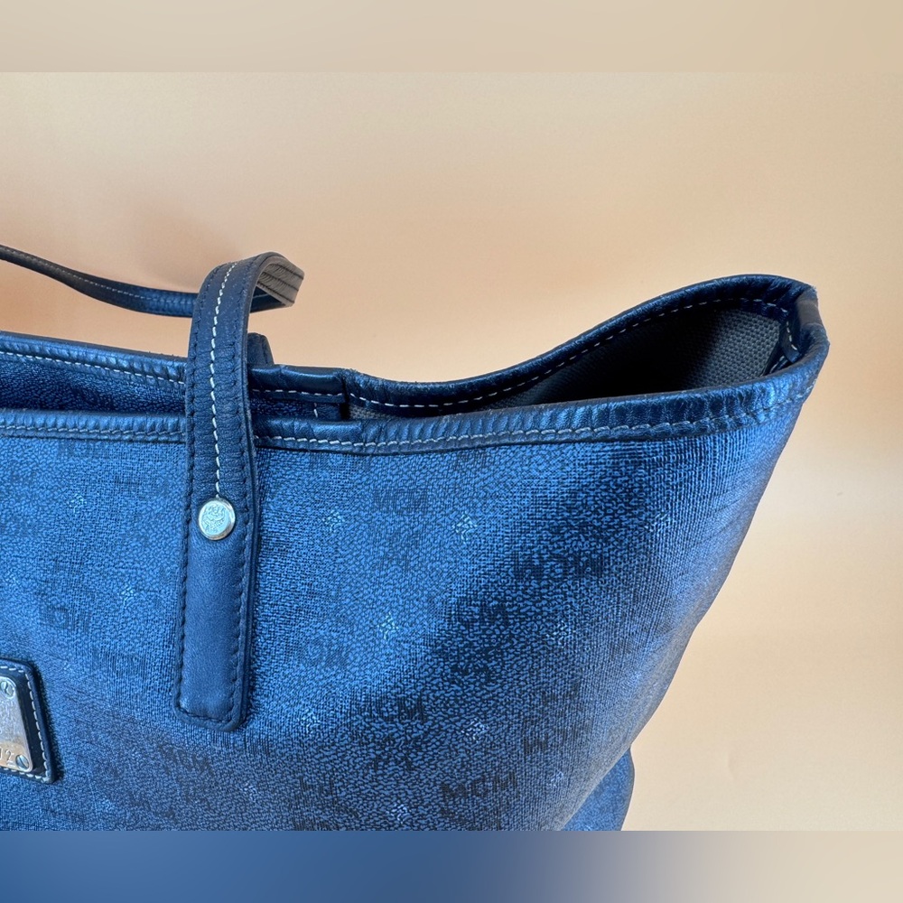 MCM Navy Blue Black Visetos Coated Canvas and Leather Open Tote - Picture 7 of 16